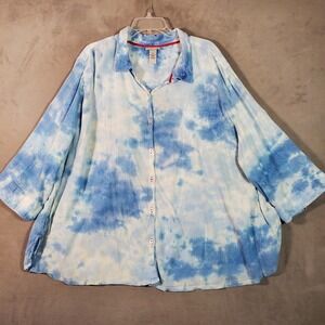 Catherines Womens Top 3X Blue White Tie Dye Button Up Roll Tab Sleeve Boho Chic